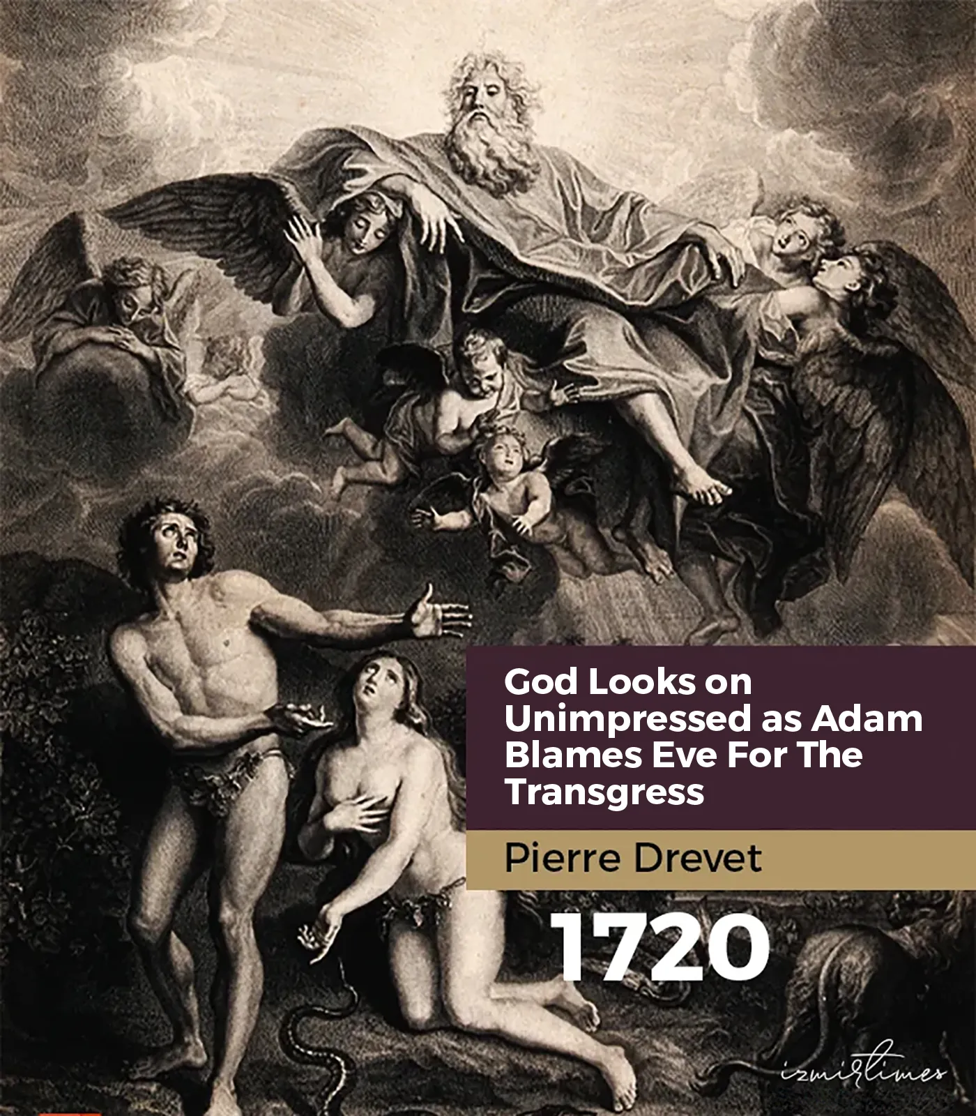 God looks on unimpressed as Adam blames Eve for the transgress